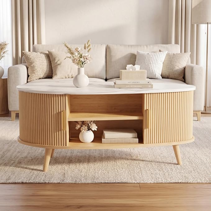 Seang Fluted Coffee Table with Storage,39" Oval Coffee Table with Dual Sliding Doors,Wooden Center Table for Living Room Home Office,Natural
