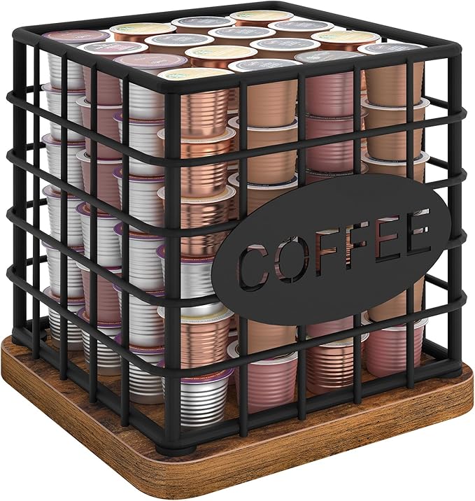 YATINEY Coffee Pod Holder for K Cup, Large Capacity Coffee Pod Organizer, Versatile Coffee Capsule Storage Basket with Wooden Base, Rustic Brown KH10BR
