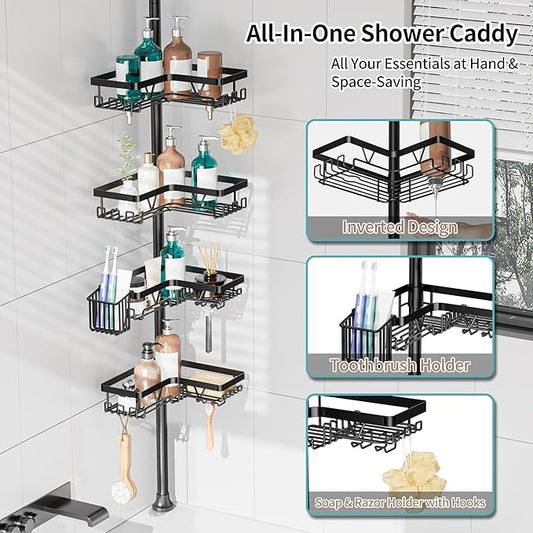 KEGII Shower Caddy Corner Tension Pole with Toothbrush Holder - Adjustable Corner Shower Organizer with Tooth Brush Holder, No Drilling Rustproof Bathroom Shelf Storage Rack, Fits 25-114.2 Inch