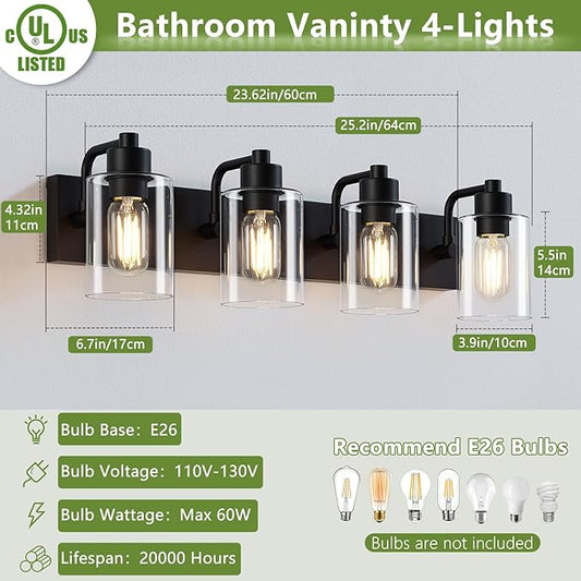 Bathroom Vanity Light, Modern Matte Black 4-Light Bathroom Lights Over Mirror with Clear Glass Shade,Wall Sconces for Bedroom,Living Room