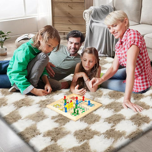 Checkered Area Rugs for Bedroom 5x8, Fluffy Beige and White Checkered Rug Fuzzy Shag Shaggy Carpets for Living Room, Soft Plush Furry Rug for Teen Room Dorm Home Decor