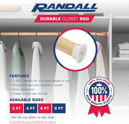 Closet Rod for Hanging Clothes, 4 FT Wood Closet Pole, 1-3/8" Thick Heavy Duty Closet Rod with Plastic Brackets & Screws, Natural Clothes Hanging Rod for Closet Organization, Made in USA