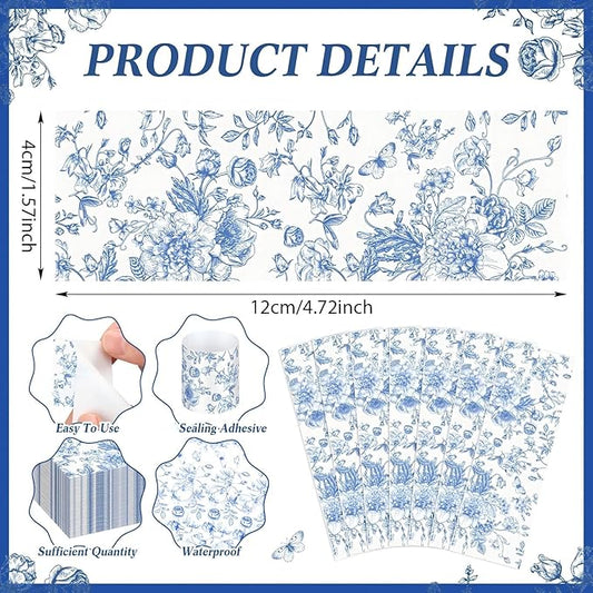 300 Pcs Wedding Paper Napkin Rings Disposable Napkin Bands Self Adhesive Blue White Flower Silverware Wrap Band for Wedding Birthday Holiday Party Dinner Table Setting Decoration
