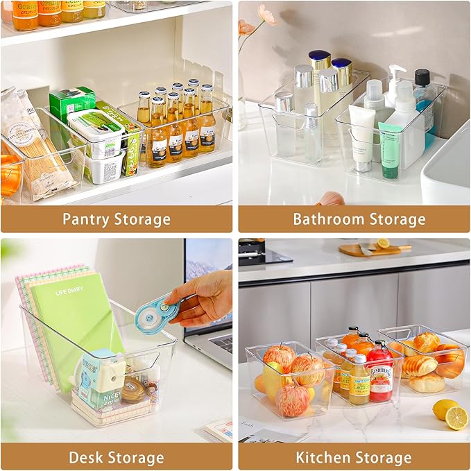 Freebat 12 Pack Middle Organizers and Storage, Pantry Organization and Storage Bins, Cabinet Organizer, Clear Plastic Storage Containers with Handle,Acrylic Storage Bins for Cabinet, Fridge