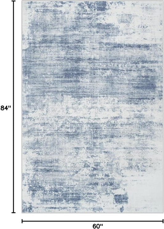 5x7 Area Rugs Washable Rug: Modern Abstract Living Room Rug Soft Anti-Skid Thin Carpet Indoor Floor Non-Shedding Carpets for Bedroom Dining Room Farmhouse Nursery Home Office - Blue White