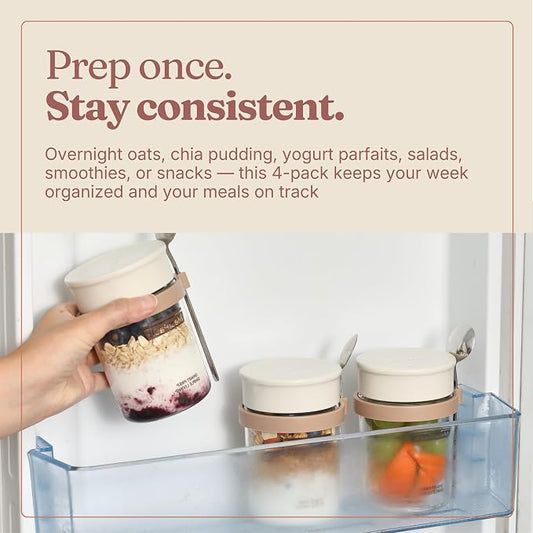 Overnight Oats Containers with Lids and Spoons (4 Pack) – 12oz Glass Jars for Yogurt Meal Prep, Chia Pudding & Snacks – Leakproof Airtight Mason Jar Set – Portable Food Storage with Cleaning Brush