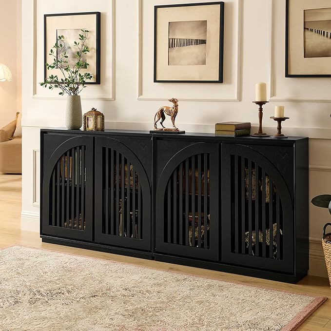 LKTART Sideboard Buffet Cabinet with Storage, Mid Century Modern Credenza with Arch Doors & Shelves, Wood Coffee Bar Media Console Table for Kitchen, Living Room, Entryway-Black