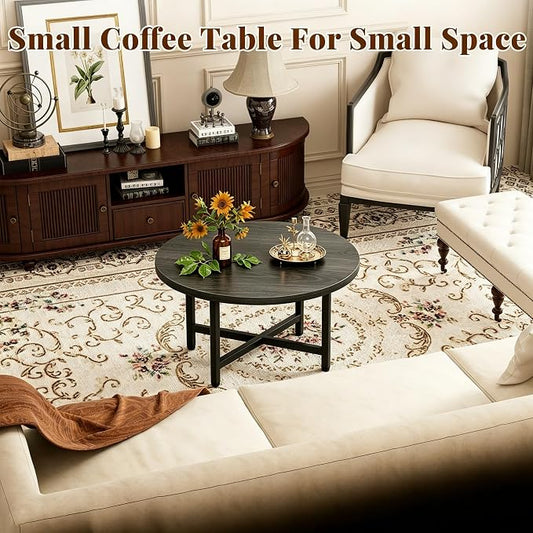 Coffee Table, 23.6" Small Coffee Tables, Gray Round Coffee Tables for Living Room, Floor Table for Sitting on The Floor, Center Coffee Table with Metal Frame for Office Apartment Home