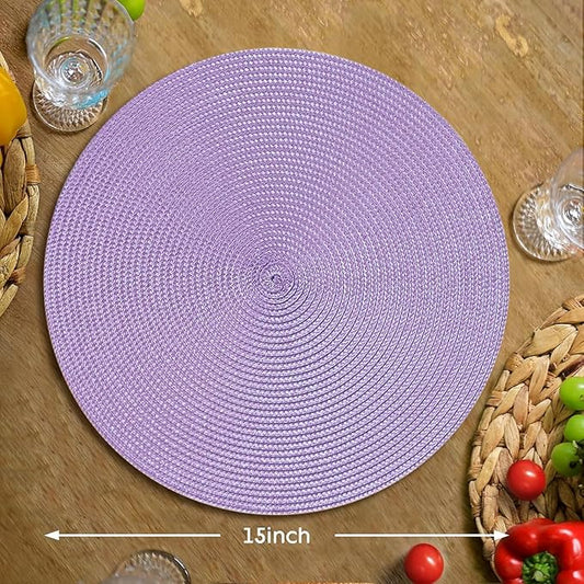 FunWheat Round Braided Placemats Set of 4 Table Mats for Dining Tables Woven Washable Non-Slip Place mats 15 inch(Lilac Purple,4pcs)