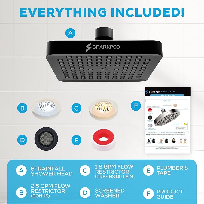 SparkPod Rain Shower Head, 6 Inch Square | High Pressure Shower Heads, 90 Nozzle (Touch-to-Clean), Adjustable Showerhead, No-tool Universal Connection