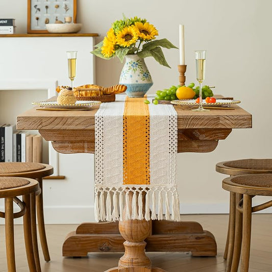 FEXIA Boho Table Runner for Summer Home Decor with Tassels 72 Inches Long Farmhouse Yellow Rustic Table Decoration Macrame Burlap Decor for Living Room Bridal Shower (12x72 Inches)
