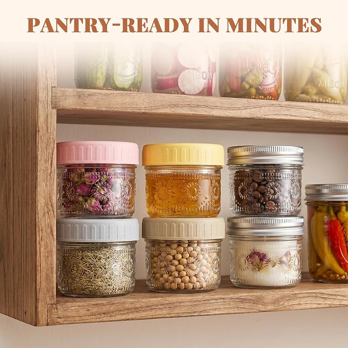 CycleMore 4oz Mason Jars, 12 Pack SunFlower Jar With Silver Separable Lids & Colorful Plastic Lids, Mini Canning Jars for Honey, Jam, Jelly, Wedding Favors, Kitchen Food Storage