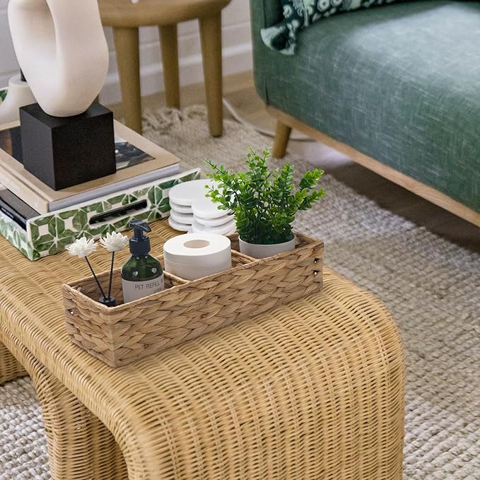Wicker Bathroom Basket with 3 Compartments, Water Hyacinth Toilet Tank Basket, Woven Storage Box for Bathroom Organizer (16.5 x 5.5 x 3.5 inch)