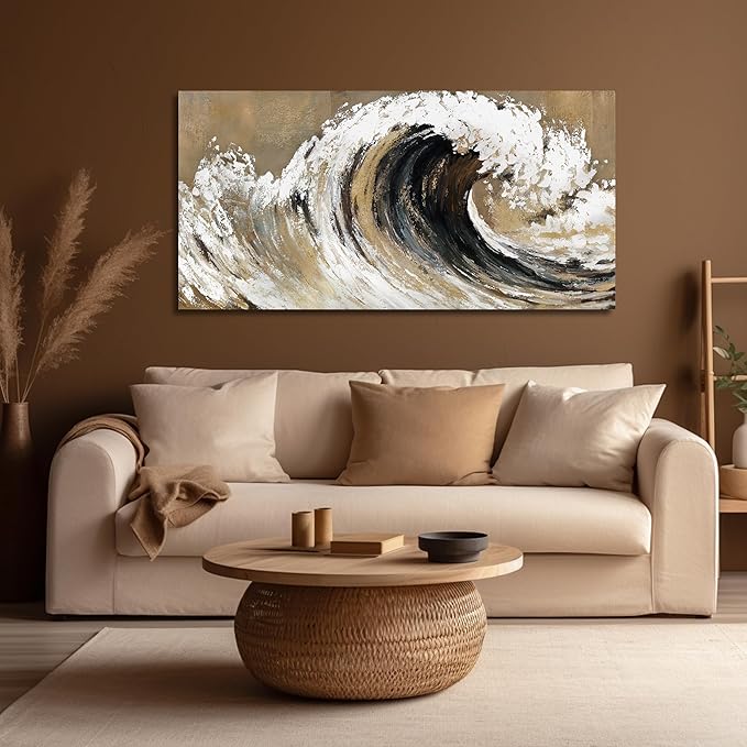 Belmrxne Large Coastal Wall Art Gold and Black Wall Decor Ocean Canvas Painting Textured Wall Painting Aesthetic Artwork for Living Room Bedroom 29x58 Inches