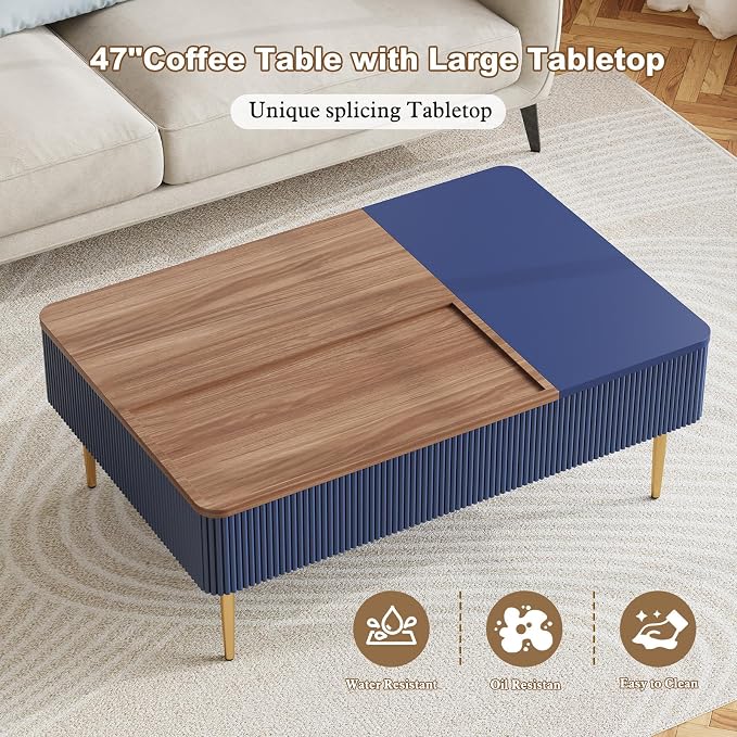 HLR 47" Dual Lift Top Coffee Table with Storage, Modern Wood Fluted Coffee Table with Hidden Compartment,Lift Tabletop Dining Center Table for Living Room, Office, Blue