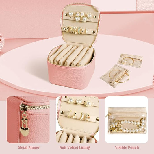 Travel Jewelry Case, Small Travel Jewelry Box with 6 Velvet Jewelry Bag Mini Pouch, Portable Travel Jewelry Organizer for Rings Earrings Necklaces, Beauty Gifts for Women Girls (Muted Pink)