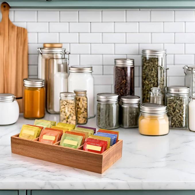 Acacia Wood Tea Bag Organizer with 8 Slots – Tea Bag Holder and Tea Organizer, Sugar Packet Storage for Countertops, Set Of Two