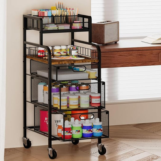 SWTYMIKI Rolling Cart with Drawers - Metal Craft Cart with Wheels, DIY Divider and Wood Shelf, Art Supply Organizer Craft Organizer and Storage, Utility Storage Cart for Home Office Studio, Espresso