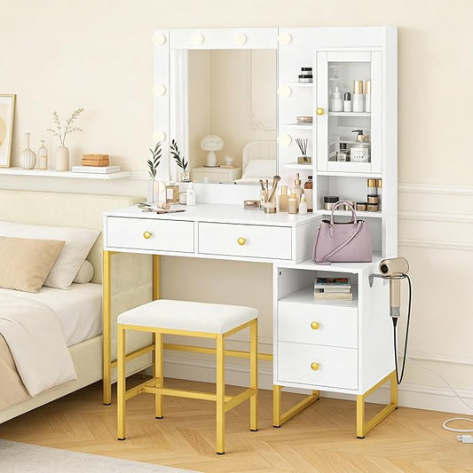 KAMABOKO White Modern Vanity Desk with Mirror & Lights, Makeup Vanity Table with 4 Drawers, 1 Glass Cabinet, 3 Lighting Color Adjustable, Girls Dressing with Stools for Bedroom