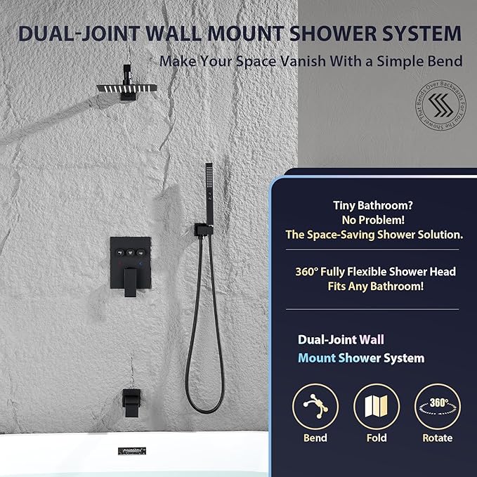 Shower System with Tub Spout, All Metal Bathtub Shower Faucet Set with High Pressure 10 Inch Rain Shower Head and Handheld Shower Head Set,Black Shower Head and Handle Set