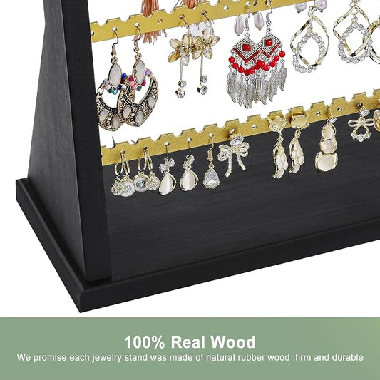 Poyilooo Earring Organizer Stand, Rustic Wood Earring Holder Rack, 5 Layer Jewelry Holder Organizer with 270 Earring Tree Holes Display for Stud Earings & Hoop Earrings, Gifts for Women (Black&gold)