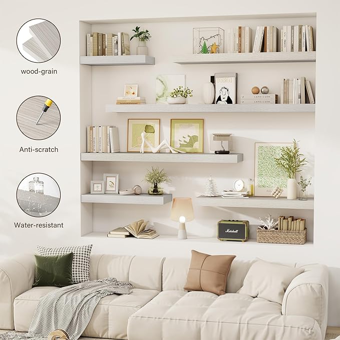 Acovy 55 Inch Floating Shelves, 12" Deep Floating Shelf Wall Mounted, 55" Wall Shelves, Rustic Deep Bookshelf, Extra Deeper & Thicker Display Shelves for Bedroom, Living Room, Gray, Set of 2