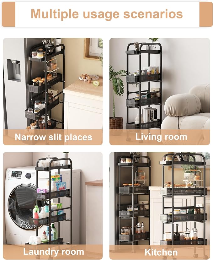 UMDONX Slim Storage Cart 4 Tier with Pull Out Basket Bathroom Organizer Rolling cart, Rolling Utility Cart Slide Out Organizer for Kitchen, Bathroom, Laundry Black