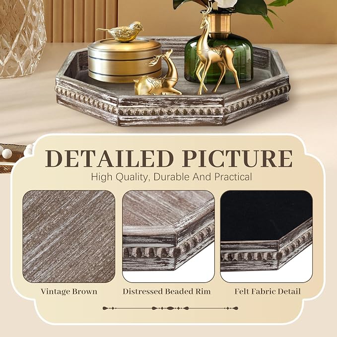 Wooden Decorative Tray, Small Serving Tray with Wood Bead, Farmhouse Big Tray for Ottoman, Countertop, Coffee Tabl, 13" x 13"x 1.6" (Retro Brown)