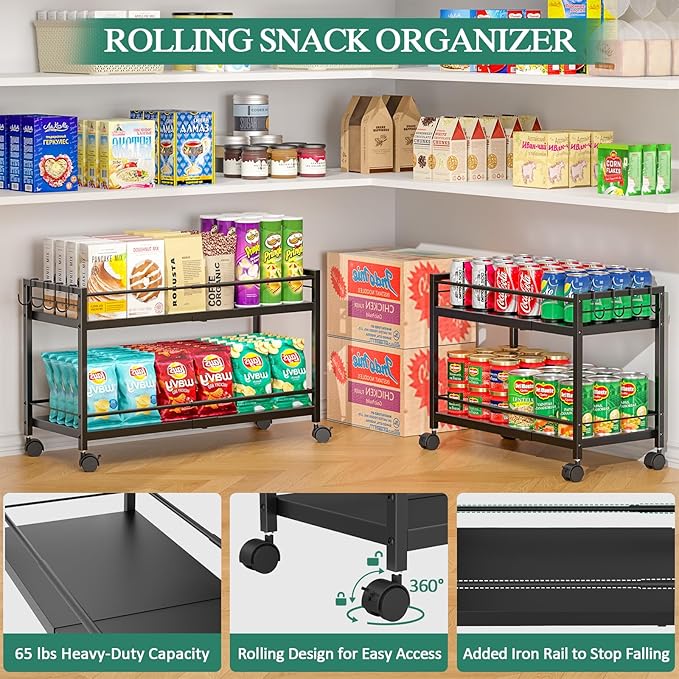 2 Pack 2-Tier Expandable Rolling Pantry Cart with Wheels, Adjustable Floor Organizer for Kitchen Pantry, Can Organizer for Pantry, Storage Cart for Snack, Food, Vegetables, Black, Patent Pending