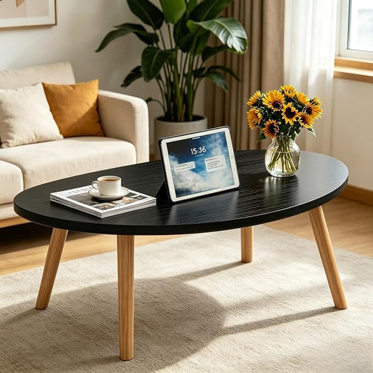 Coffee Table Low Table with Solid Wood Legs, 31.5x19.7 Large Coffee Table Side Table, Floor Table Desk for Sitting on The Floor, Living Room Furniture for Office Apartment Home, Pebble-Black