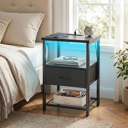 Fixwal Night Stand with Charging Station, LED Nightstand Side Table with Fabric Drawers PU Finish, End Tables Bedroom, Bedside Table, Black