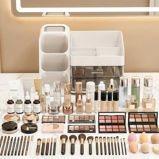 Large Capacity Makeup Organizer Countertop with Makeup Brush Holder for Vanity, Thickened Material, Bathroom Countertop Organizer Skin Care Perfumes Storage, Teen Girl Gifts for 12-23 Year(white)