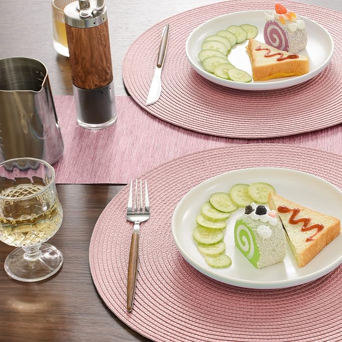FunWheat Round Braided Placemats Set of 6 Place Mats for Dining Tables Woven Washable Non-Slip Table mats 15 inch(Pink, 6pcs)