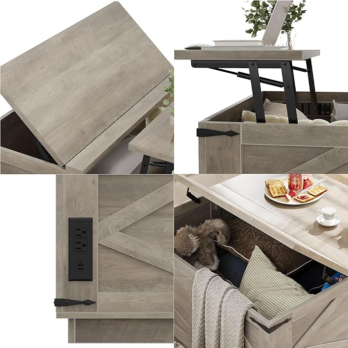 Jocoevol Farmhouse Lift Top Coffee Table, Square Wood Center Table with LED Lighting, USB-C Charging Station, and Hidden Storage Compartment - Rustic Grey Living Room Furniture