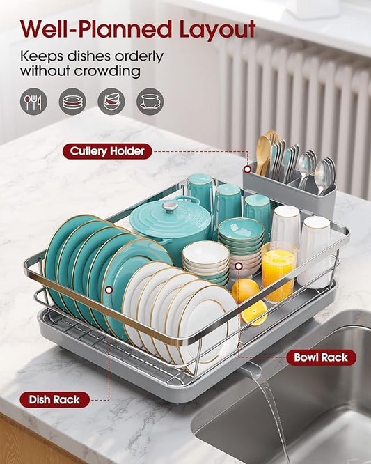 Stainless Steel Dish Drying Rack for Kitchen Counter, Sink Organization and Storage Essentials with Silverware & Utensil Holder, Home and Apartment Decor, 12''W x 15.5''L, Silver
