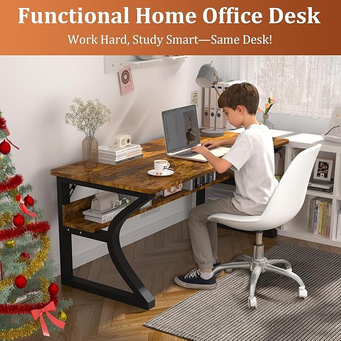 AZN Computer Desk, 55'' Computer Desk, Home Office Desks w/Storage, Home Office Desks w/U-Size Metal Frame for Home Office Bedroom, Study Writing Work Table w/Water-Resistant, Scratchproof Surface