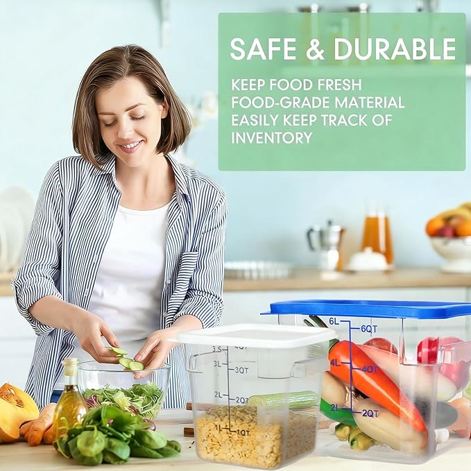 Lallisa 4 Pcs 8 Qt and 4 Qt Clear Food Storage Containers with Lids, Handles and Scales, Commercial Grade Square Containers Polycarbonate Air Tight for Home Storage Kitchen Restaurant (White, Blue)