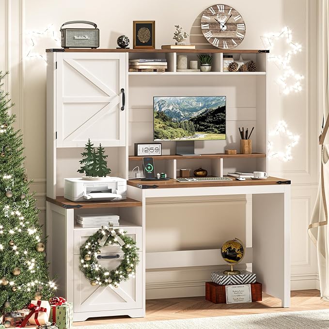 Vabches 51" Executive Desk Farmhouse Home Office Desk with Charging Station, File Drawer, Storage Cabinet, Monitor Stand, Wood Computer Desk with Hutch for Work Study Writing (White)