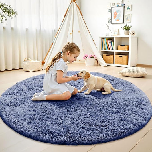 OLANLY Denim Blue Round Rugs for Bedroom - Machine Washable, 9 ft Circle Area Rugs for Living Room, Soft and Fluffy Shaggy Carpet for Teen Girl and Boys, Nursery Rooms, Dorms, Home Decor Aesthetic