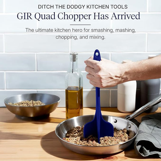 GIR: Get It Right Silicone Potato Masher & Quad Meat Chopper - 12 In Navy - Heat Resistant up to 425°F Fiberglass Core - 7-Blade Ground Meat Chopper & Food Masher - Dishwasher Safe Kitchen Gadget