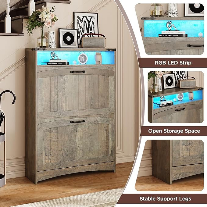 Rustic Gray Shoe Storage Cabinet, Slim Hidden Shoe Rack Organizer Cabinet, with 2 Flip Drawers & Open Storage & RGB Lights, for Entryway, Front Door Entrance, Hallway