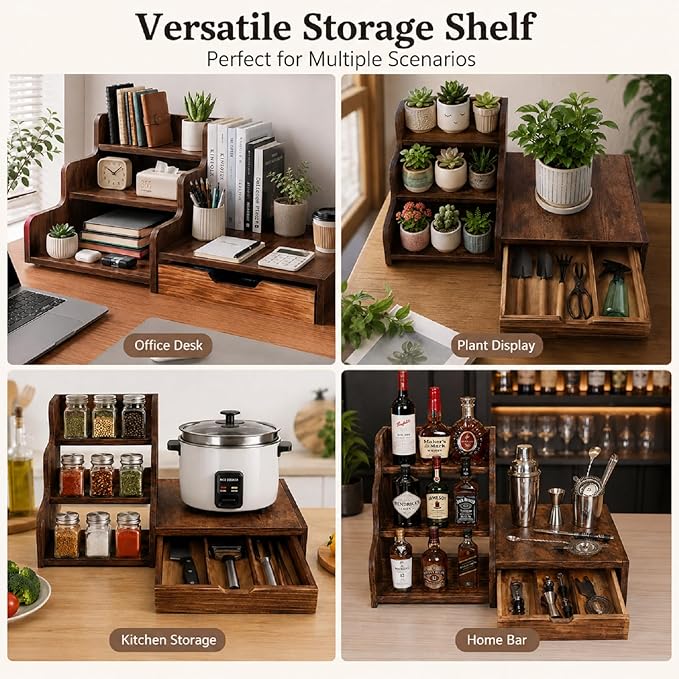 Wood Coffee Bar Organizer Station with Syrup Rack and Capsule Drawer, 3 Tier Coffee Syrup Organizer for Countertop, Coffee Station Organizer with Storage for Coffee Pods, Espresso Machine Stand Shelf