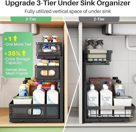 Kitstorack Under Sink Organizer, 1-Pack 3-Tier Height Adjustable Thickened Metal Pull out Cabinet Organizer Shelf, Slide out Storage Drawer Rack for Bathroom Kitchen Pantry Home Laundry Organization
