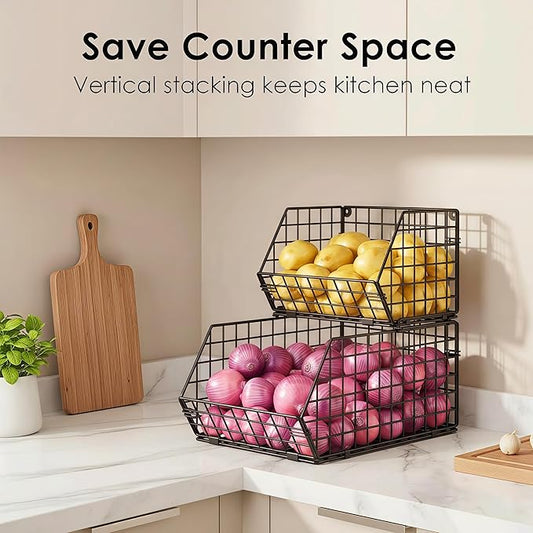2-Tier Stackable Wire Baskets for Counter, Potato and Onion Storage Bin, Fruit and Vegetable Storage Bins with Ventilated Mesh,Kitchen Pantry Organizer - Wall Basket for Produce/Snack/Can, Black