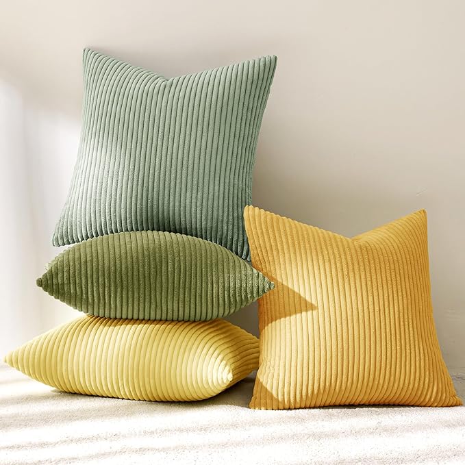 MIULEE Boho Farmhouse Yellow Green Throw Pillow Covers 20x20 Inch Set of 4 Mordern Nordic Cushion Covers Soft Corduroy Spring Home Decor for Couch Bed Sofa Living Room