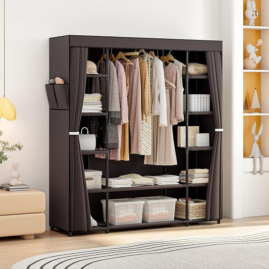 SORCEDAS Portable Closet Wardrobe Organizer Storage with Cover Non-Woben Fabric Portable Wardrobe Closet for Hanging Clothes Racks Shelving 33 Inch for Bedroom, Blue (Coffee, 59Inch)