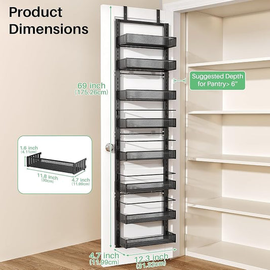 8 Tiers Over the Door Organizer - Height Adjustable Pantry Organizers and Storage with Dense Mesh Baskets, Anti-Swing Hanging Door Spice Rack for Kitchen Bathroom (Black, 12.3"W x 4.7"D x 69"H)