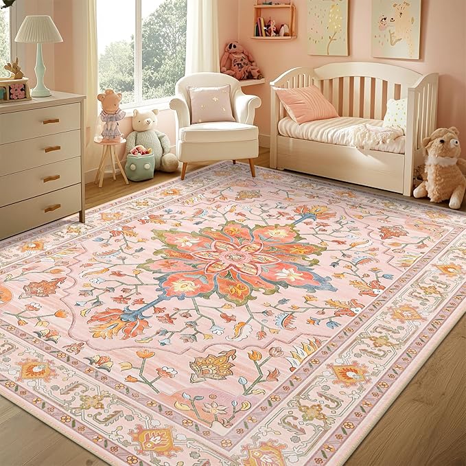 RELEANY Area Rugs 3'x5' Washable Non-Slip, Floral Vintage Distress Medallion Carpet for Living Room Bedroom Dining Room, Light Pink Colorful