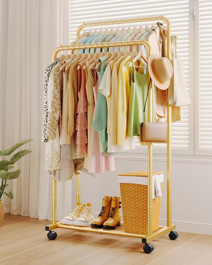 Sakugi Clothes Rack - Double Rods Clothing Rack with Mesh Shelf, Hooks & Wheels, Metal Clothing Racks for Hanging Clothes & Bags, Multifunctional Garment Rack for Laundry, Gold, 28.7" x 16.5" x 59.1"