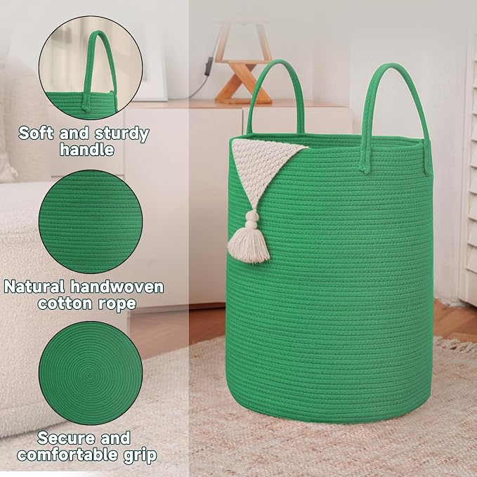 JMvicyroam Large Woven Laundry Basket Hamper,80L Cotton Rope Storage Bin for Blankets,Toys and Clothes,Decorative Tall Nursery Hamper for Living Room,Baby Nursery,Bathroom and Bedroom,Dark Green